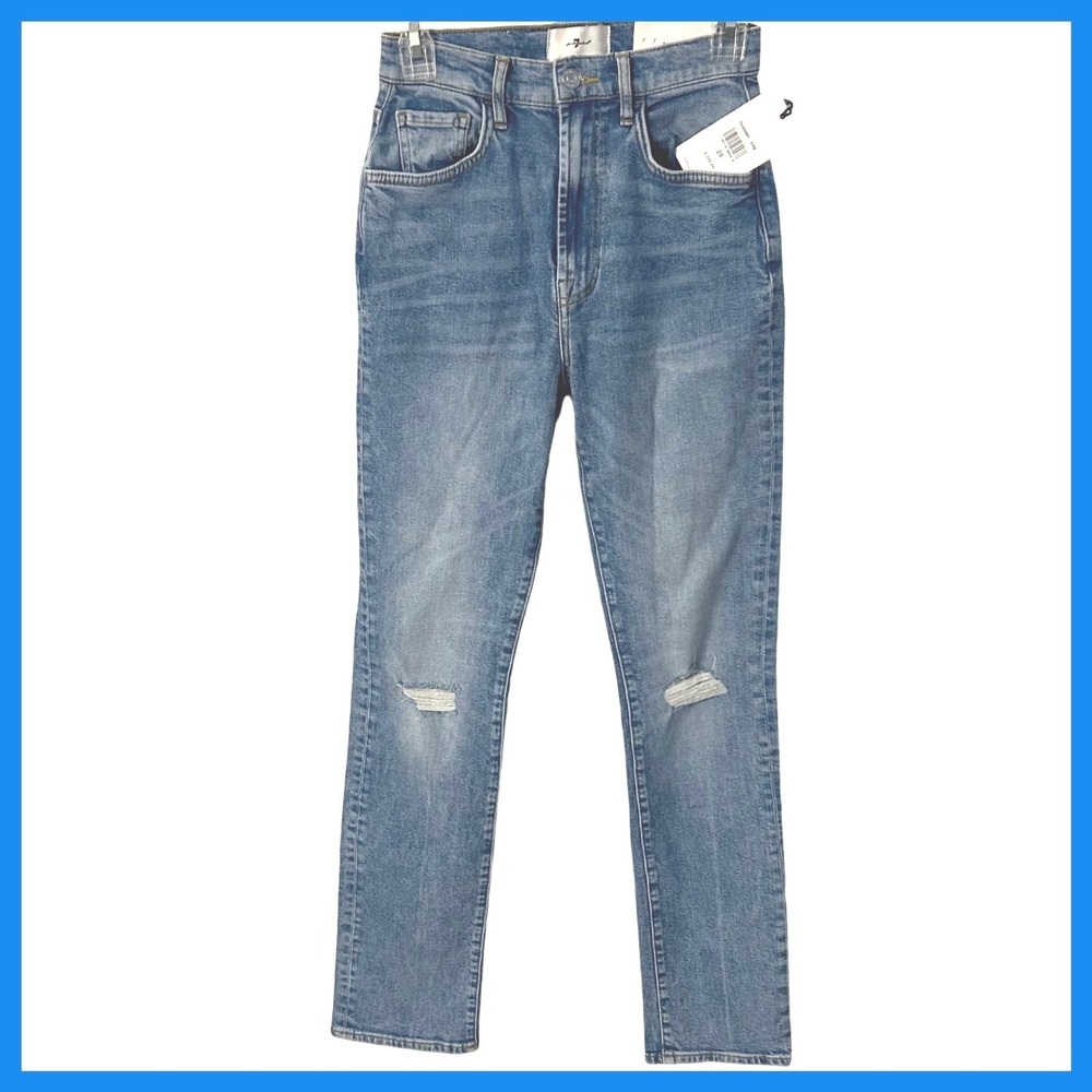 New W/Tag 7 For All Mankind Jeans Womens Size 25 Distressed Blue Denim MRSP $228